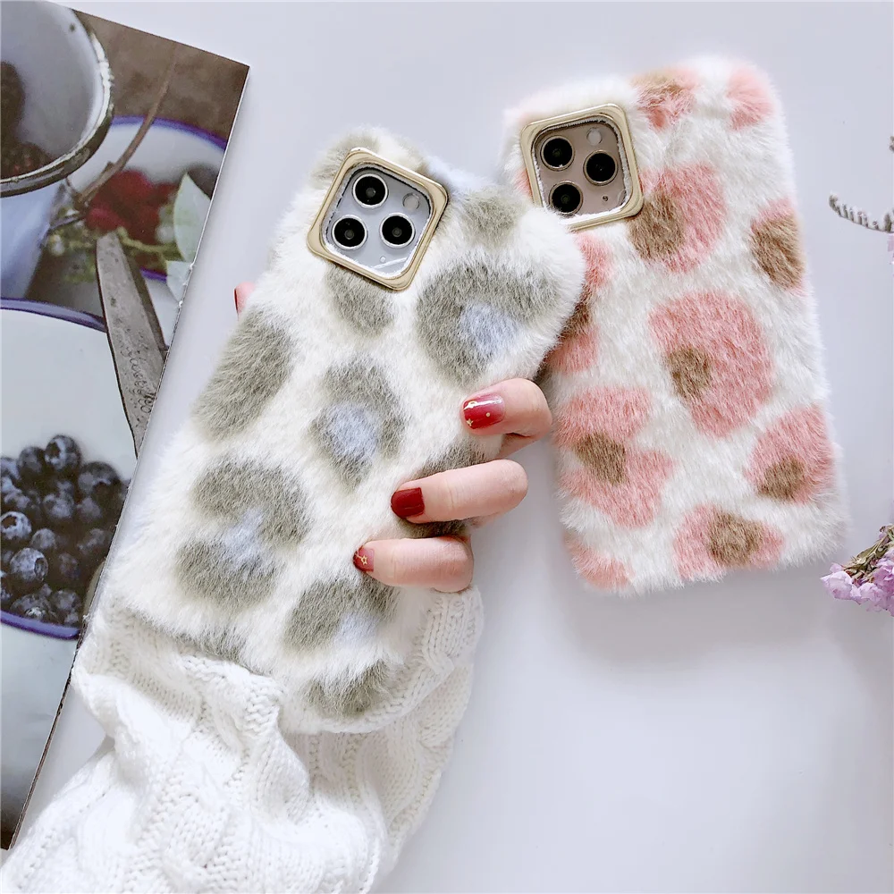 

Funny Cute Furry Fluffy Leopard Suede Cloth Silicone Phone Case For iPhone 11 Pro Max XS 12 X XR 6 6S 7 8 Plus Soft Plush Cover