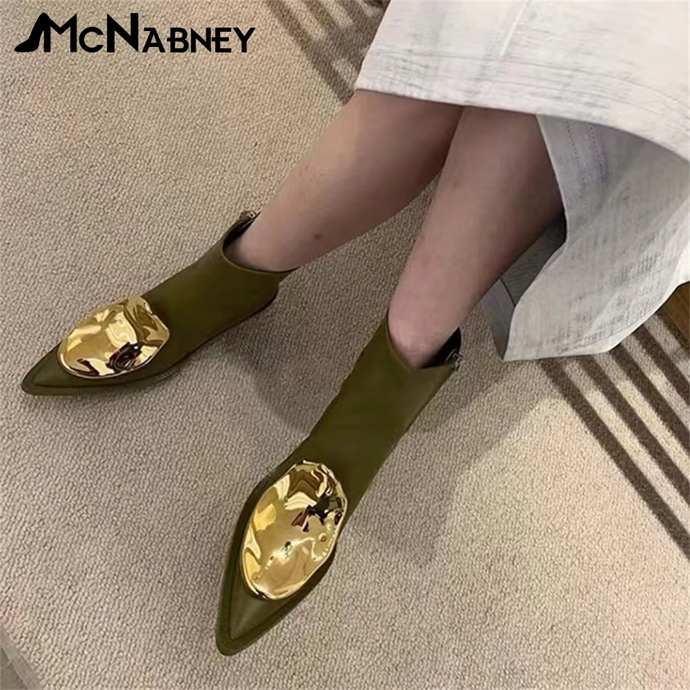 Metal Trim Black Leather Boots Pointed Toe Shaped Heel Ankle Boots Solid Color Zipper Short Boots Fashion Sexy Women High Heels