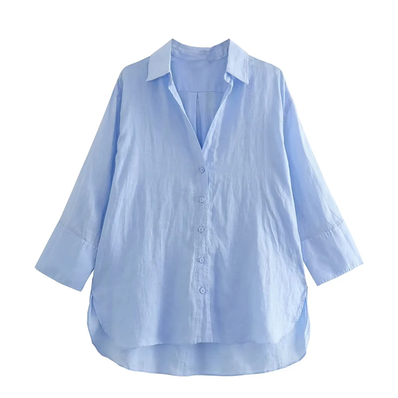 

YENKYE 2023 Women Vintage Solid Oversize Asymmetric Hem Linen Shirt Casual Blouse