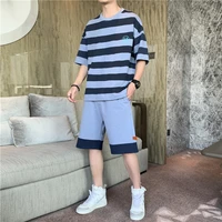 summer stripe mens short sleeve casual sports suit mens trend loose handsome t shirt shorts with two pieces