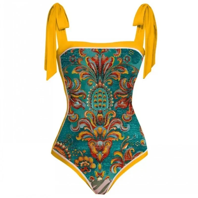 Two 2 Piece Women Matching Skirt Sets Summer Vacation Beach Bikini One Piece Swimsuit Vintage Print Slit Sunscreen Long Skirt