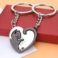 2pcs cute black cat keychain patchwork heart round couple lovers keyring stainless steel backpack car key ring hanging jewelry
