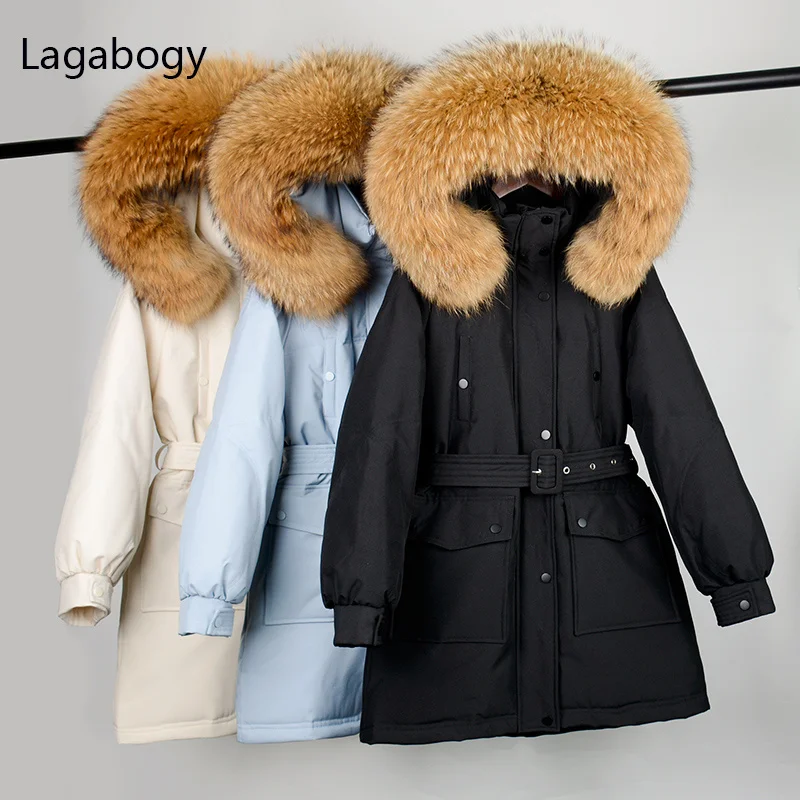 2021 New Winter Puffer Down Jacket Women 90% White Duck Down Coat Female Hooded Warm Belt Parkas Large Real Raccoon Fur