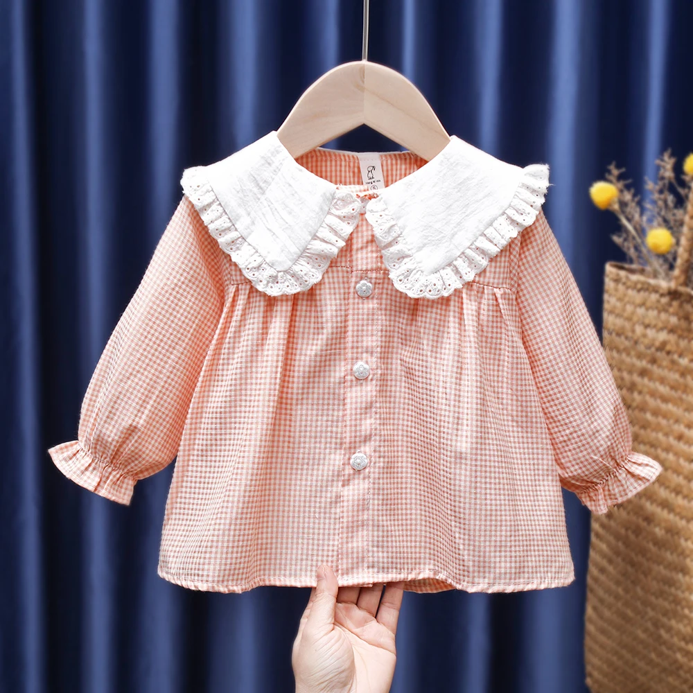Spring Autumn Children Clothes Classic Style Girls Cute Doll Collar Loose Lattice Baby Shirt Long Sleeve Cotton Tops Blouse