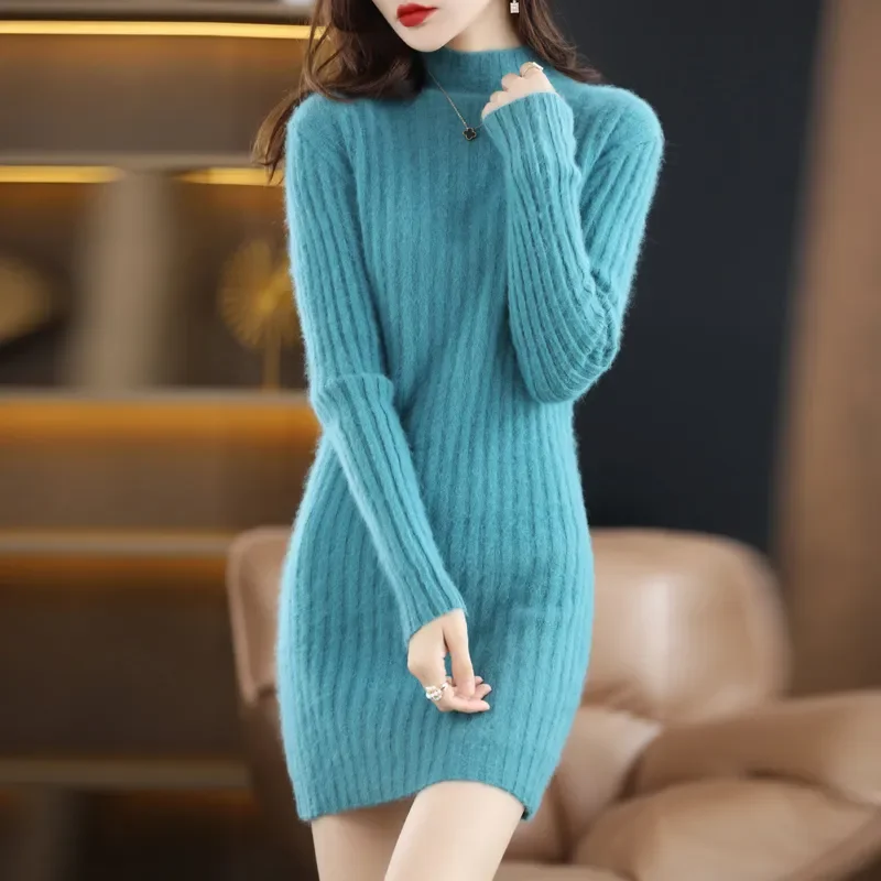 Autumn and Winter 2023 Long Women's Sweater 100% Mink Cashmere High Neck Knitted Pullover Korean Fashion Soft Women's Top
