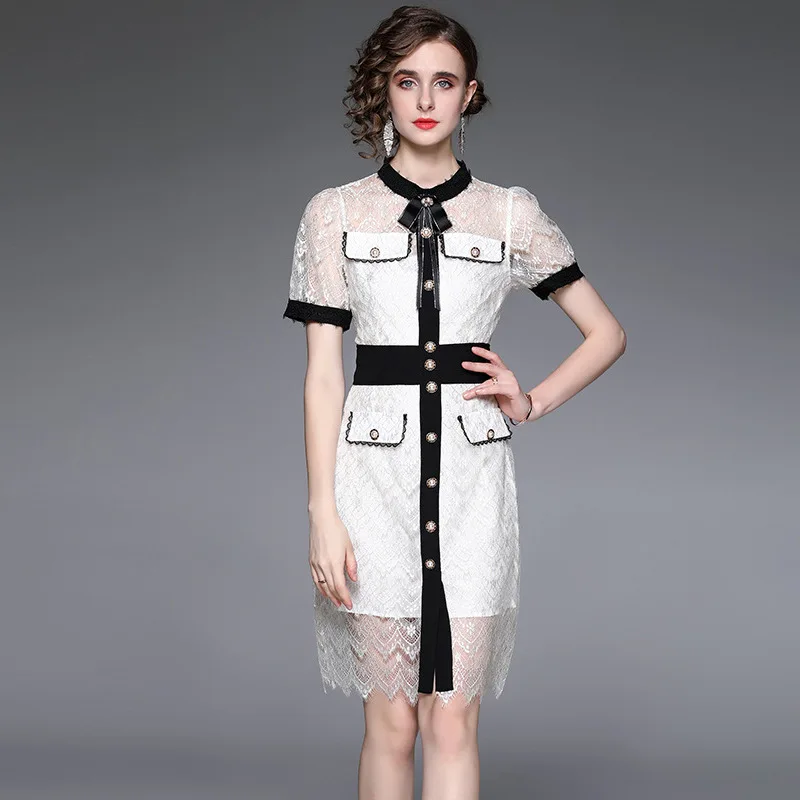 

Женское кружевное платье с отложным воротником, облегающее ажурное платье с коротким рукавом, элегантное вечернее платье на бедрах, лето 2022