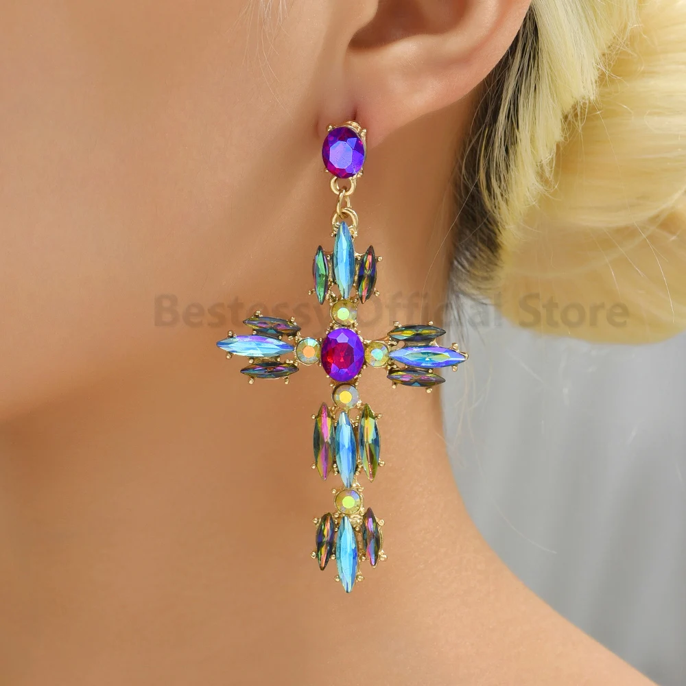 

New Fashion Vintage Shiny Crystal Hanging Drop Large Cross Earrings For Women Luxury Designer Ear Piercing Jewelry Accessories