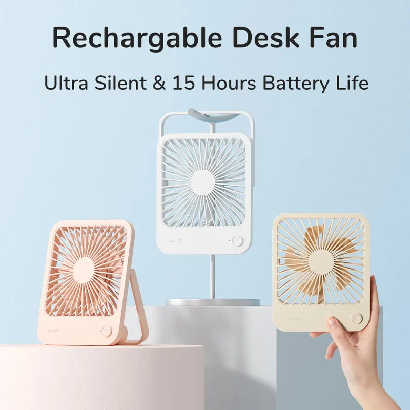 JISULIFE Small Desk Fan Ultra Quiet Table Fan USB Rechargeable Strong Airflow Cooling Fan With 4 Speed Powerful Wind Offices Fan