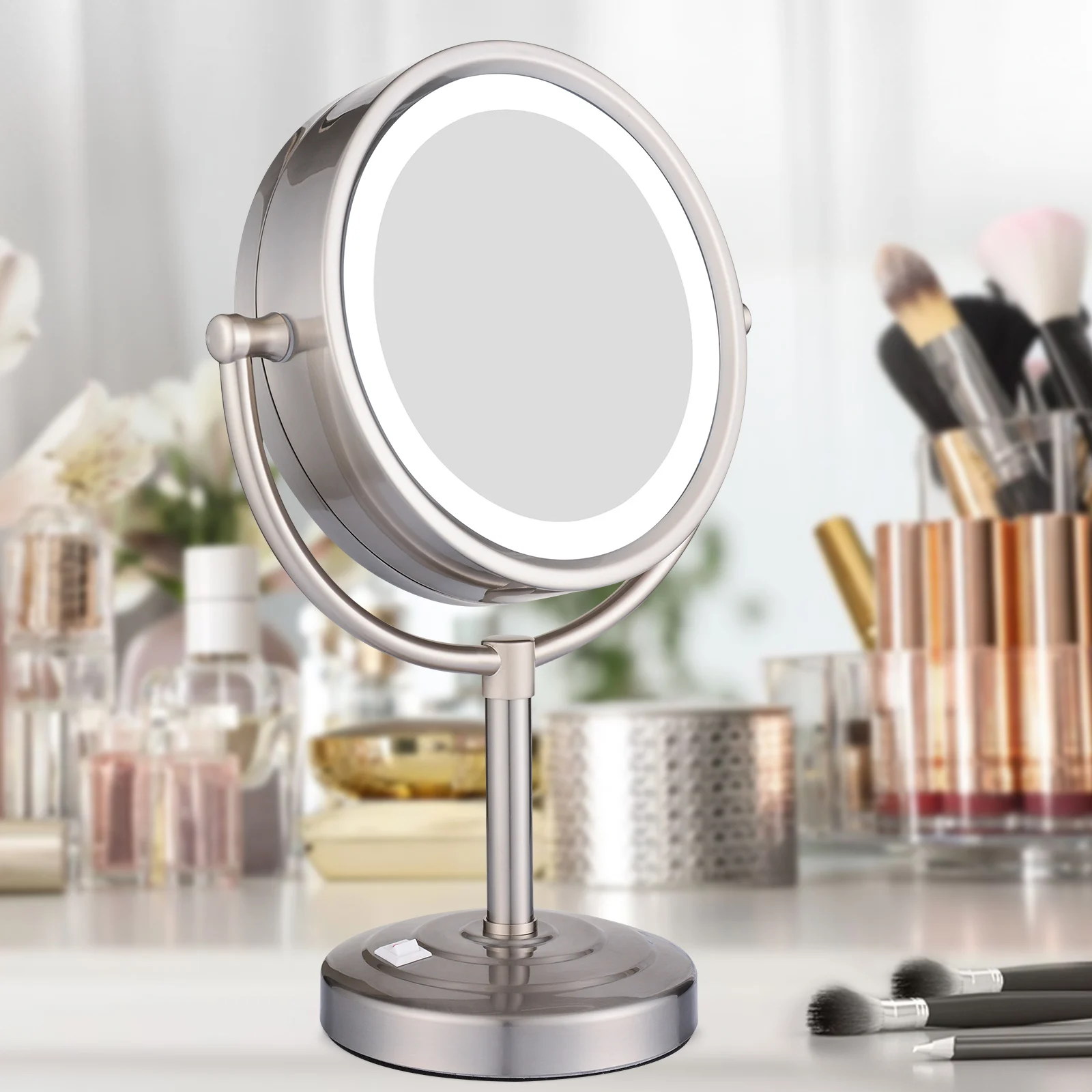 

GURUN 8.5-Inch Polished Nickel Finished 5/7/10X Magnification LED Lighted Double Sided Tabletop Vanity Makeup Mirrors Standing