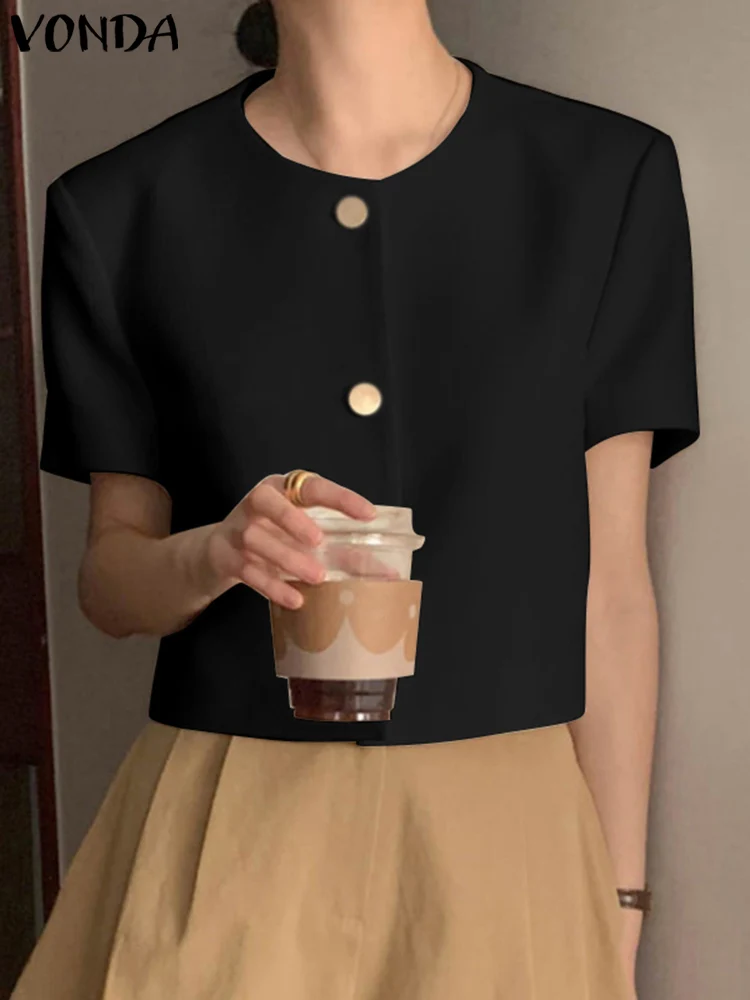 

Fashion VONDA Casual Elegant OL Style Shirts Women Summer Short Sleeve Buttons Tops Solid Color Blusas Femininas Chic Blouses