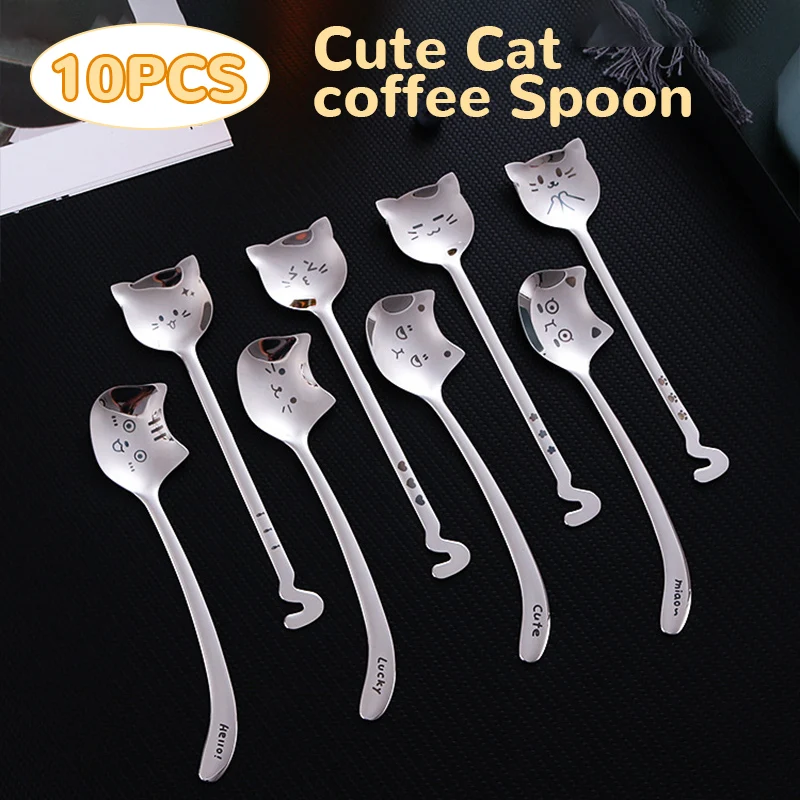 

8/10Pcs Cute Cat Coffee Spoon 304 Stainless Steel Cat spoon Teaspoon Long Handle Flatware Gift Tableware Coffee accessories