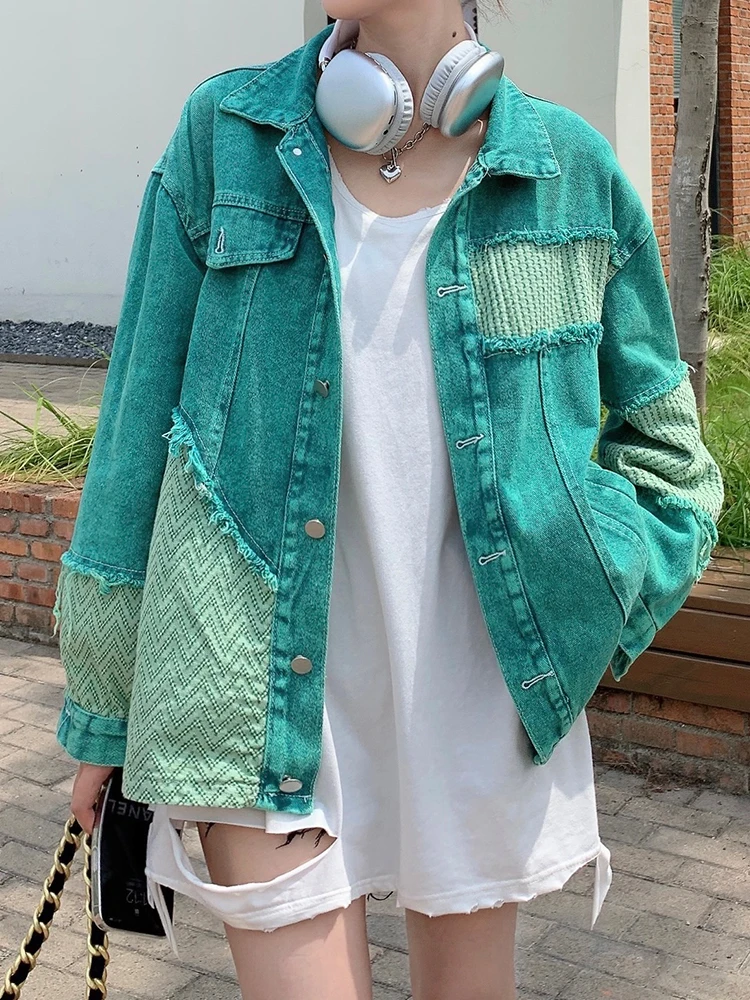 

Retro Stitching Denim Jacket Single-Breasted Lapel Loose Long-Sleeved Top 2022 Autumn New Fashion Women'S Clothing