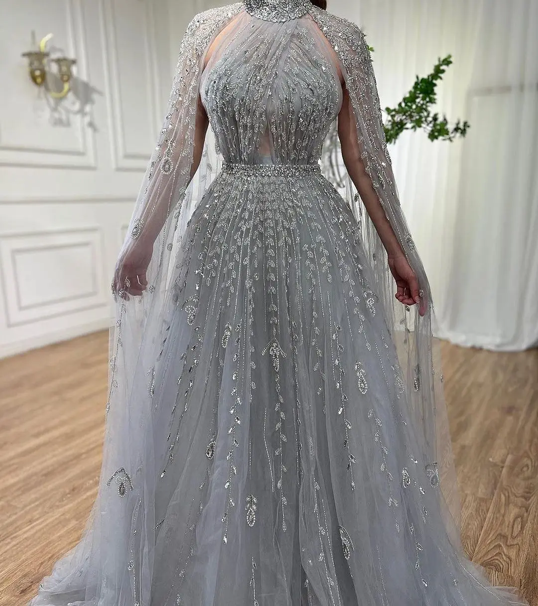 

Винтажные Серебристые тюлевые платья с бисером, а-силуэт, с высоким воротом, до пола, без рукавов, деловые вечерние платья