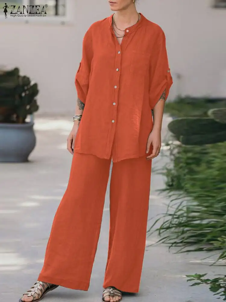 

ZANZEA Fashion Office Matching Sets Long Sleeve Blouse Pants Suit Female Elegant Vintage Outfits Spring Women OL Tracksuit 2023