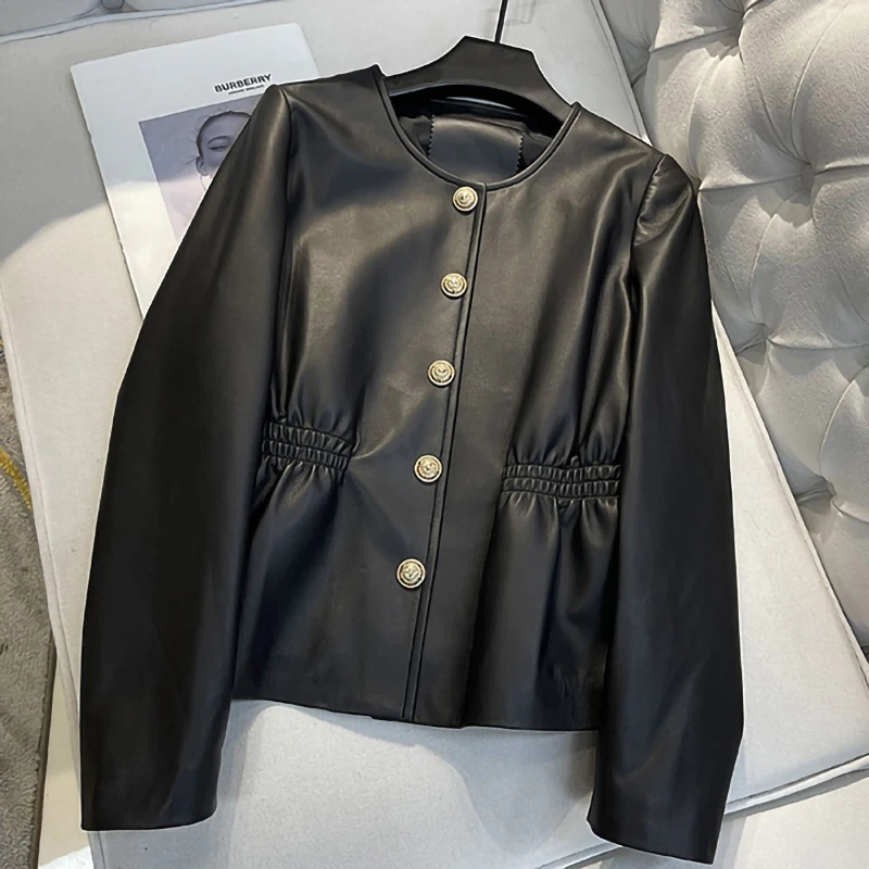 2023 New Lady Leather Jackets Round Neck Single Breasted Solid Genuine Sheepskin Short Coat Elegant Fashion Streetwear AEL4938