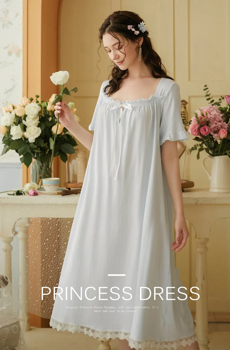 Spring and Autumn Women's Nightdress Short Sleeve Lace Palace Princess Sweet Long Home Wear Loose Sleepwear Women Sleep Tops