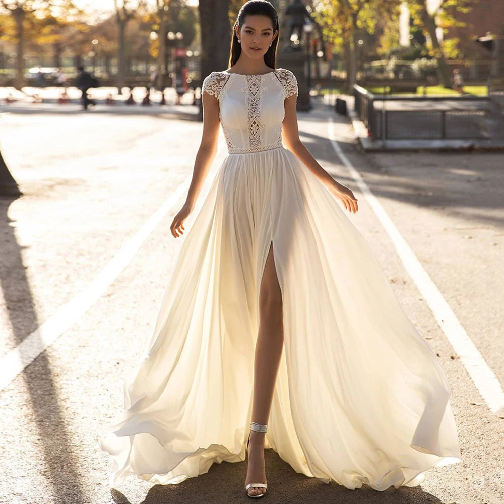 

Винтажное свадебное платье в стиле бохо с круглым вырезом и рукавами-крылышками, шифоновое платье-трапеция с аппликацией, со шлейфом, женск...