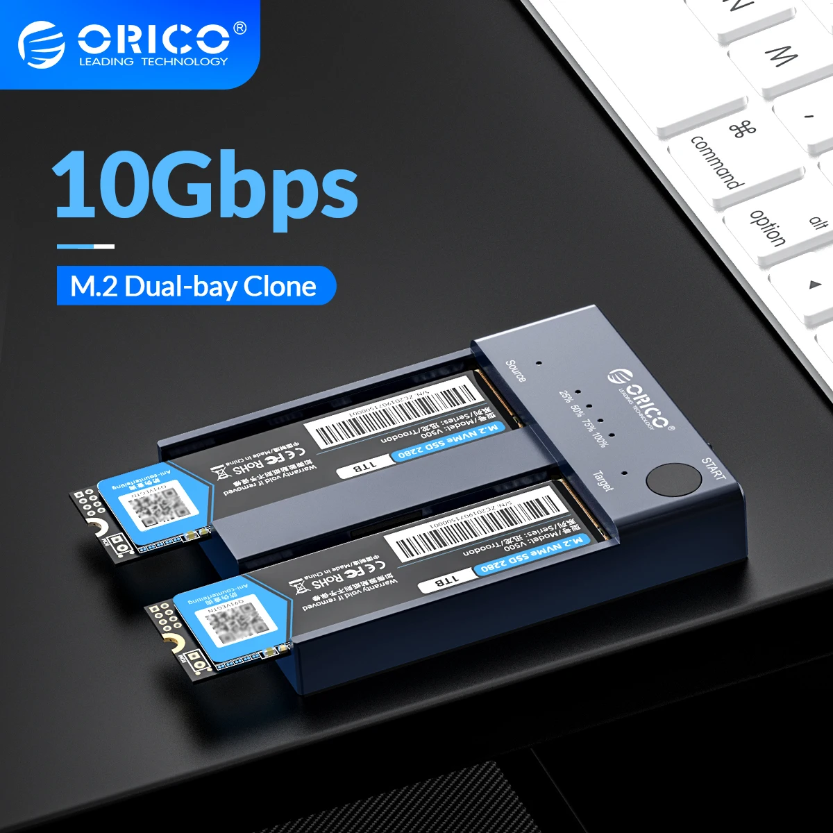 ORICO Dual Bay M.2 NVME SSD Enclosure 10Gbps Offline Clone USB C 3.1 Gen2 For M Key M/B Key NVME PCIe SSD Hard Drive Reader 4TB