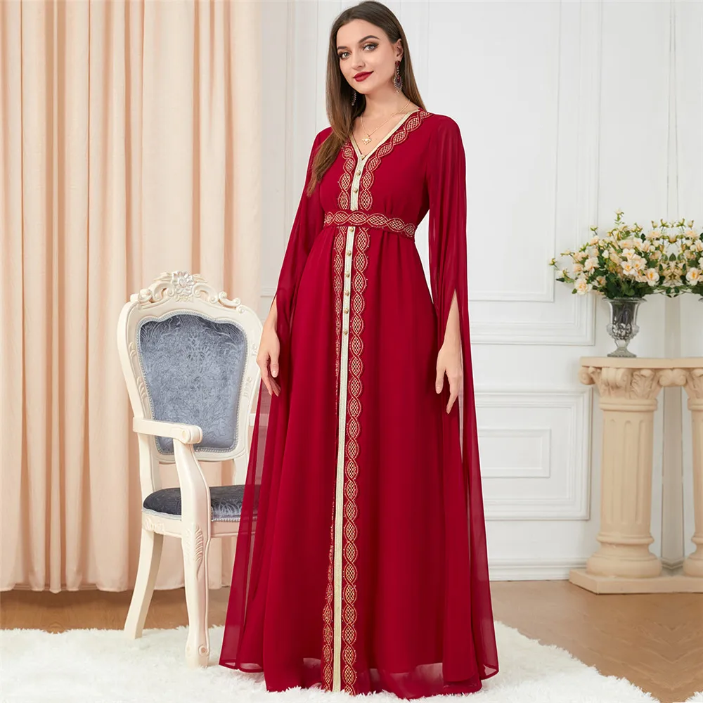 

2022 New Ramadan Fashion Cloak Sleeves Lace Chiffon Long Prom Dress Moroccan Kaftan Abaya Dubai Ladies Dresses Women Cape Dress
