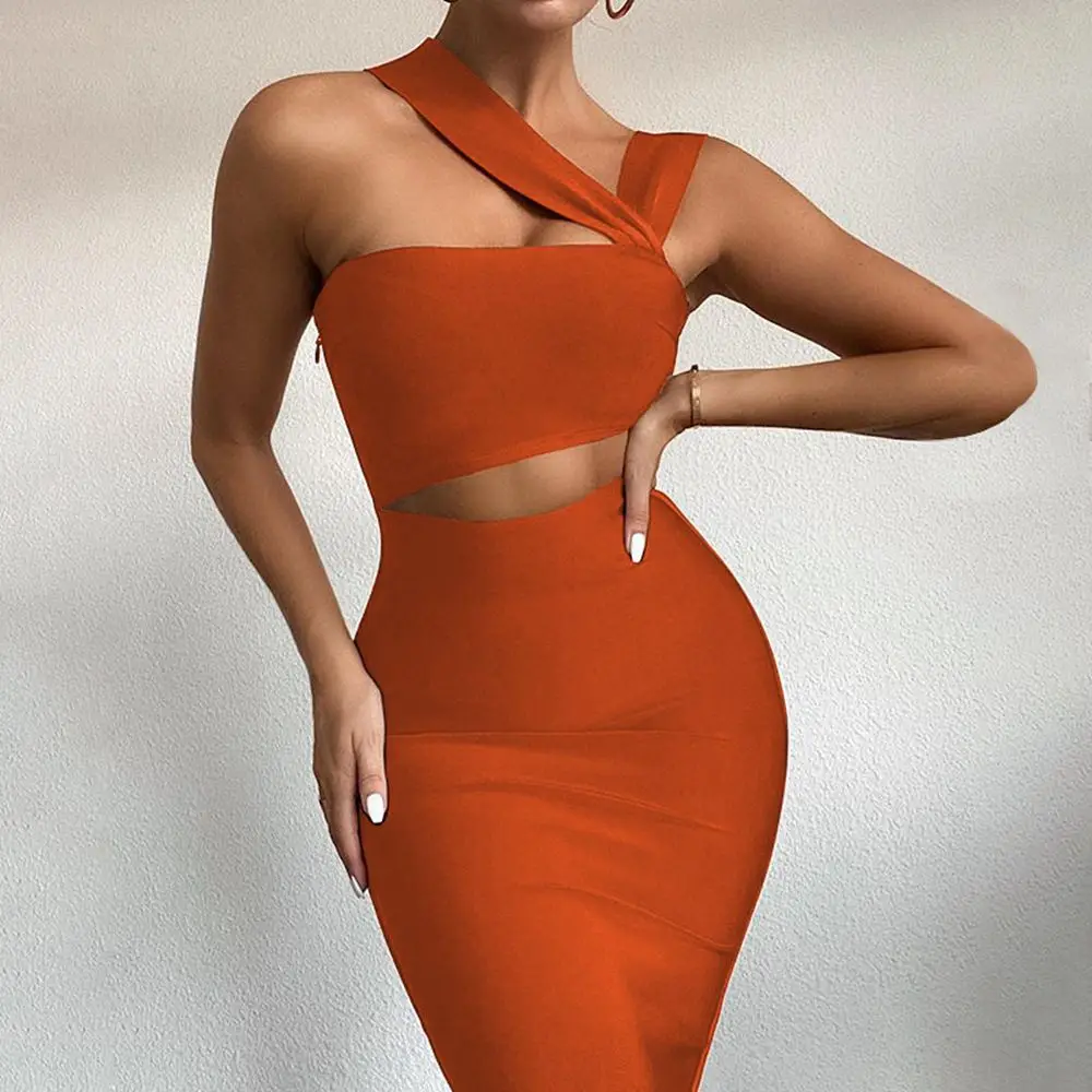 

YZZ Sexy Women Soild Bodycon Dress Slanted Shoulder Sleeveless Midi Dress Summer Tank Vestidos Casual Pencil Robe