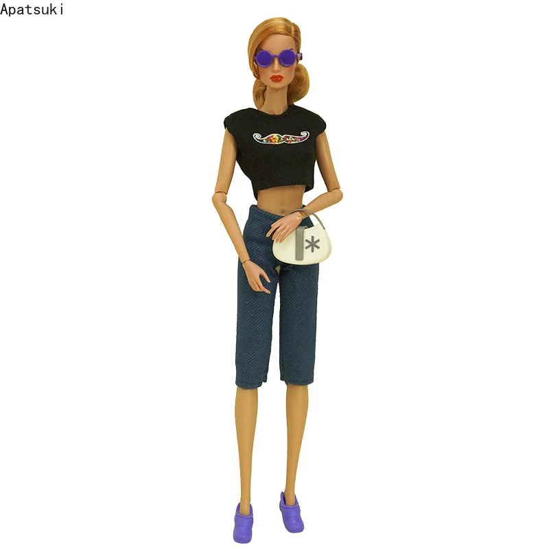Black Fashion Doll Outfits For Barbie Clothes Set Crop Top Pants Shorts Purse Shoes Sunglasses Toys 1/6 Dolls Accessories