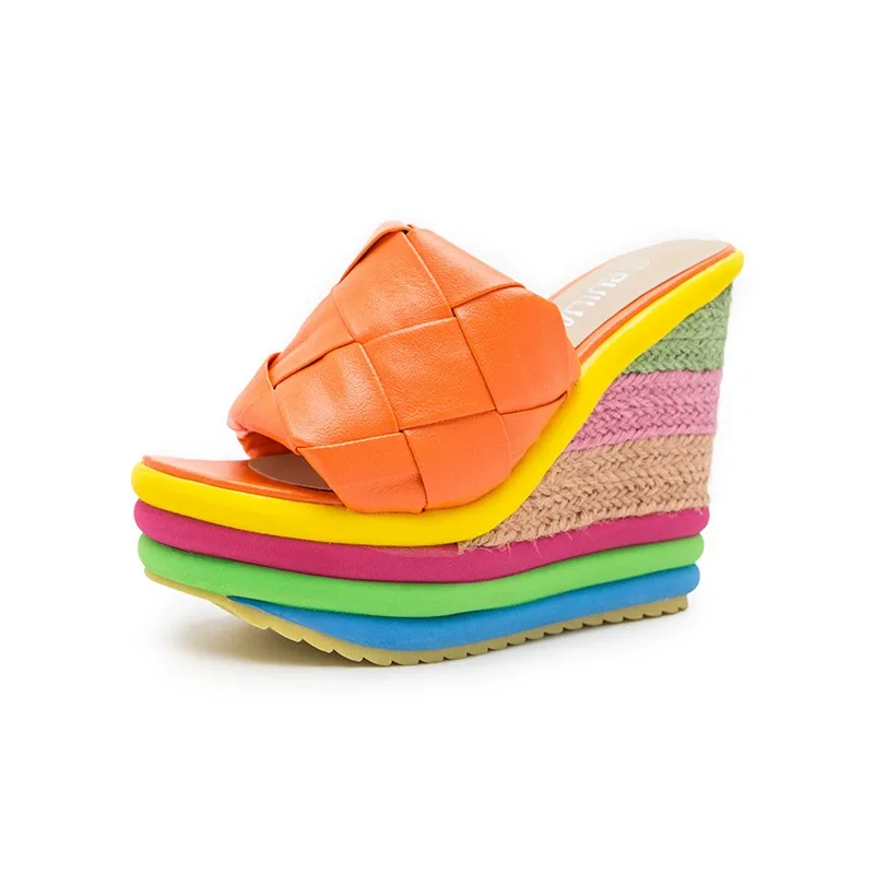 

Female Shoes Multicolored Sandals Slippers Heels Low On A Wedge Lady Big Size Slides 2023 High Girl PU Basic Rome Scandals Fabri