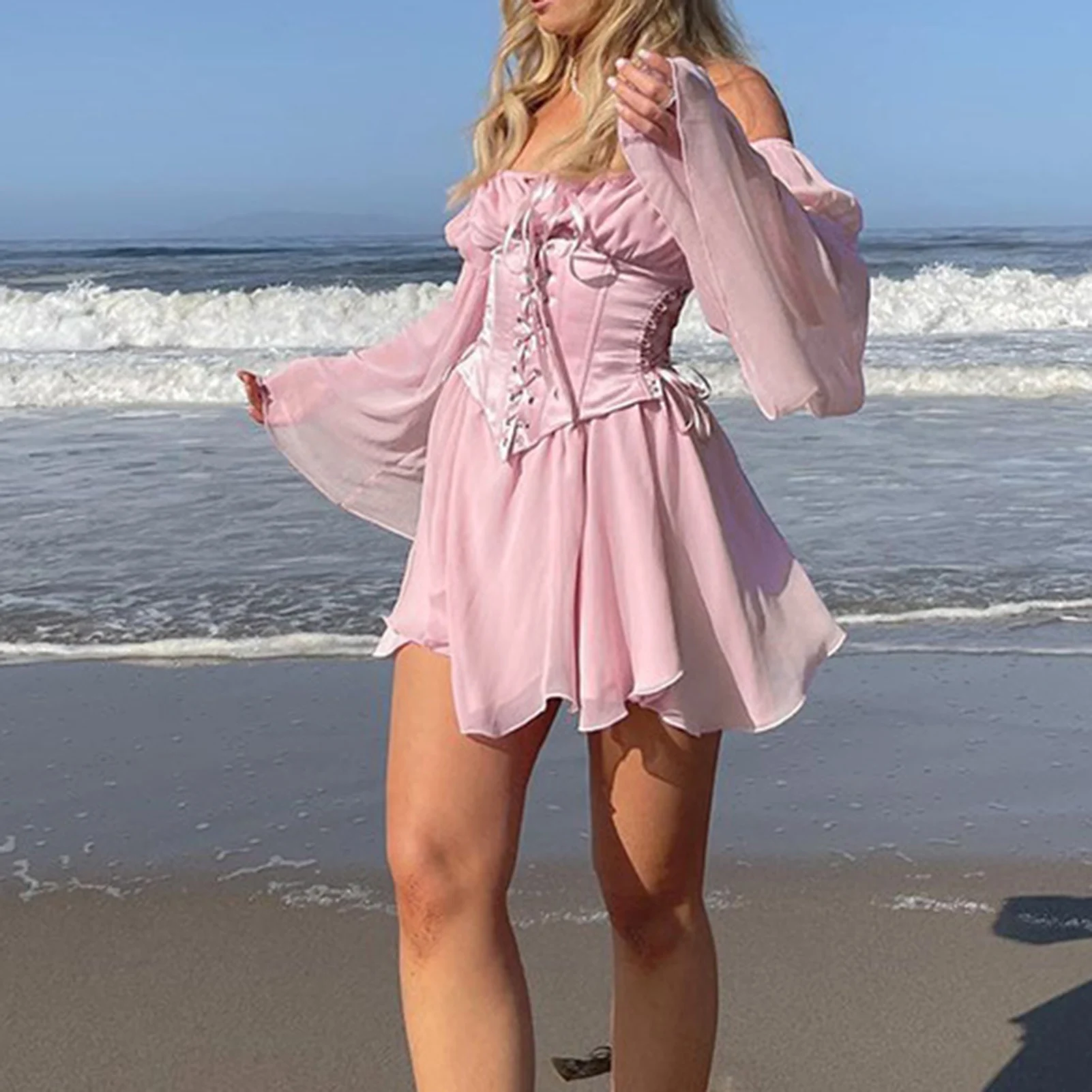 

Ladies Elegant Mini Dress Off Shoulder Bubble Sleeve Backless Corset Dress Slash Neck Solid Color Party Clubwear Clothing