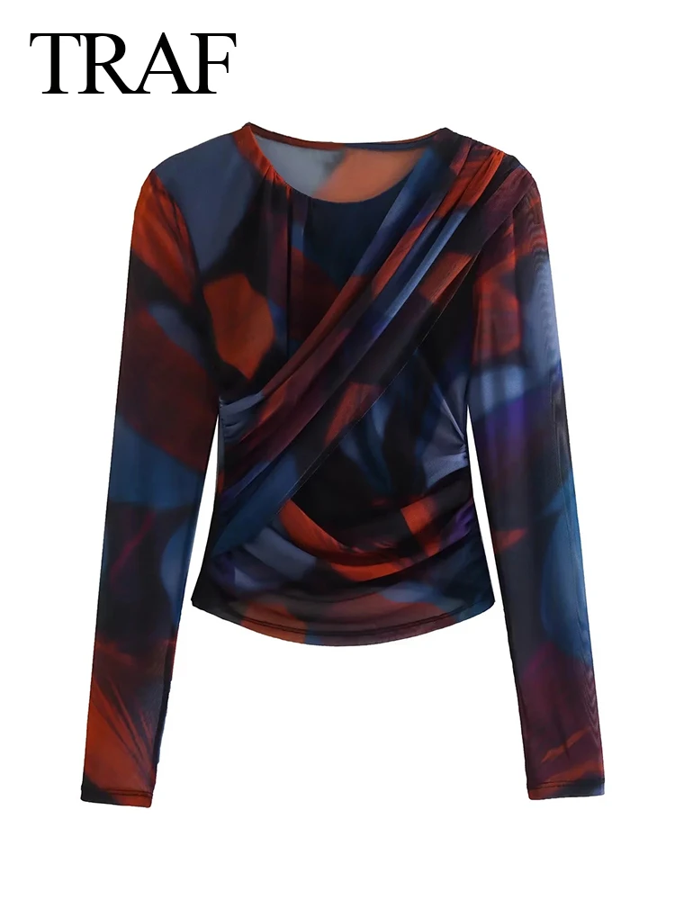 

Сетчатая плиссированная дизайнерская облегающая пикантная шикарная одежда TRAF 2022, женская модная блузка, топ с винтажным принтом и круглым ...