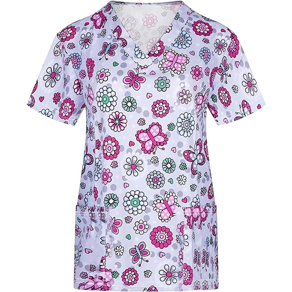Женская медицинская мода с цветочным принтом и v-образным вырезом топы для