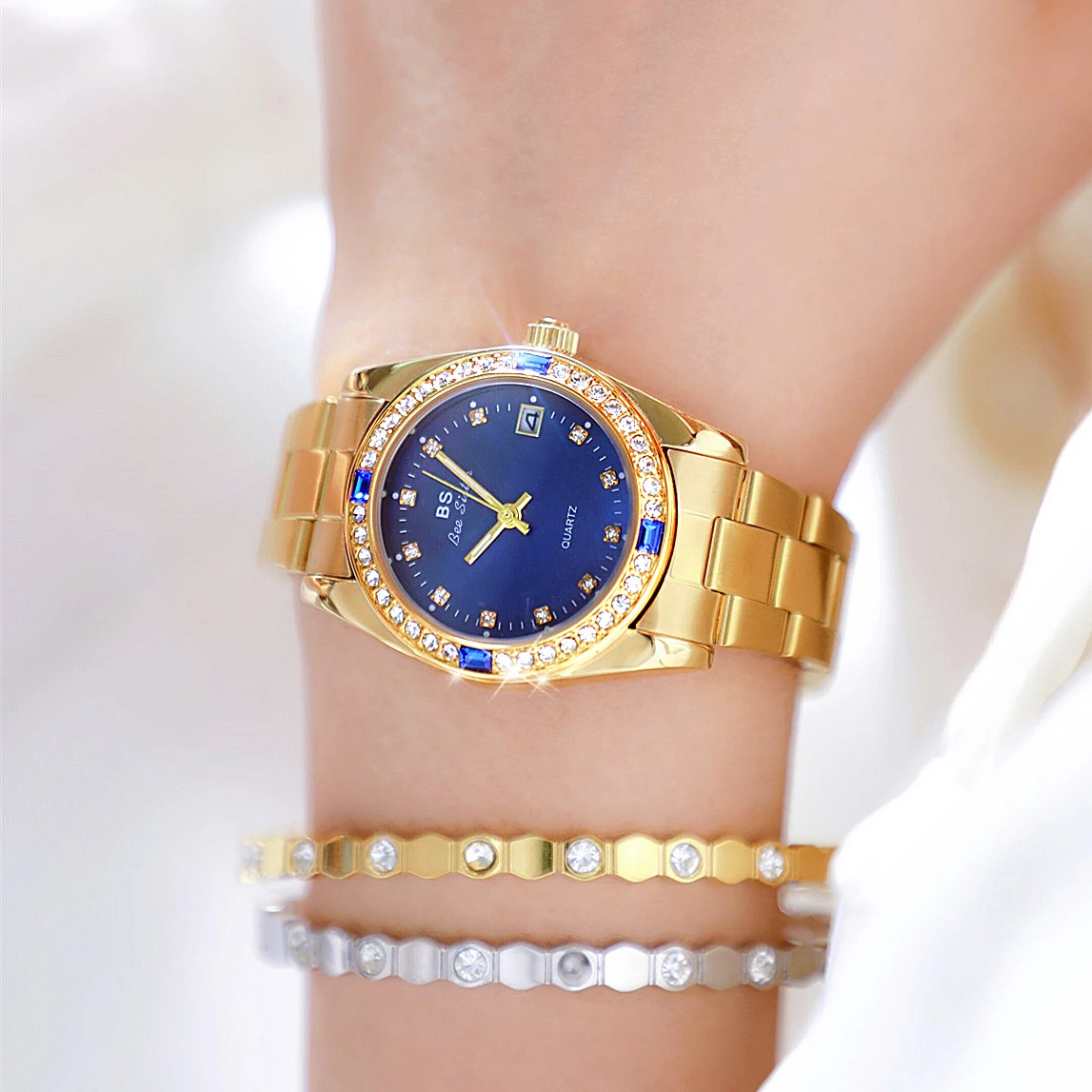 BS Women Watches Luxury Brand Gold Stainless Steel Watch For Women Green Dial Crystal Diamond Watch Female Quartz Wristwatches