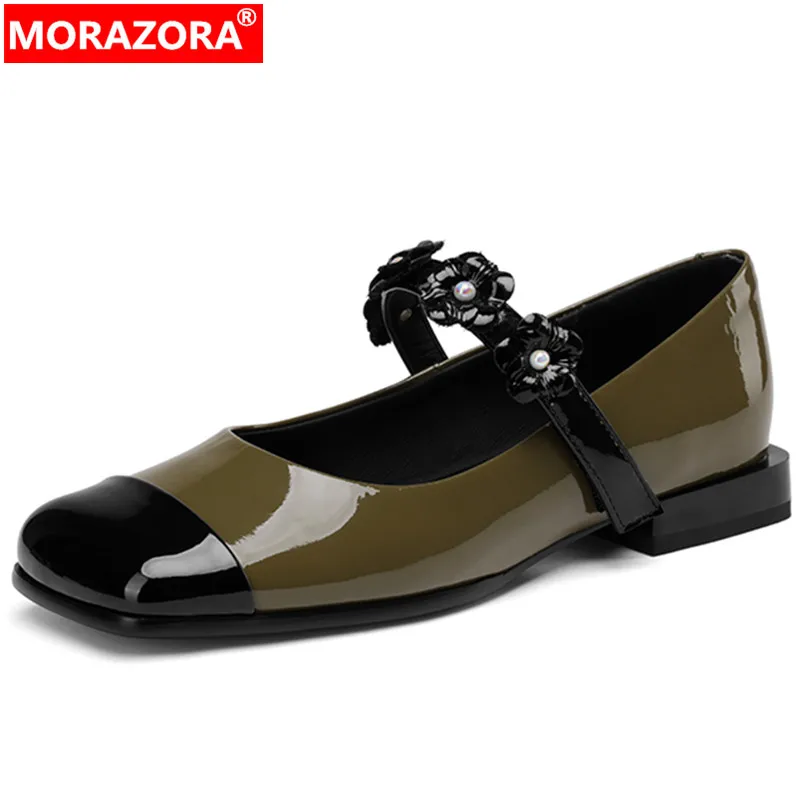 

MORAZORA 2022 New Flower Shallow Square Low Heels Dress Shoes Patent Leather Shoes Woman Ladies Fashion Mixed Colors Pumps