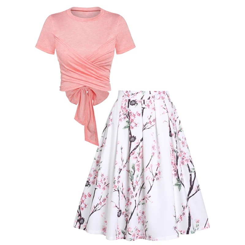 

Cut Out Surplice Bowknot T Shirt and Floral Lace Overlay High Low Skirt Outfit Two Piece Outfit Bicolor Tee Dip Hem Skirt