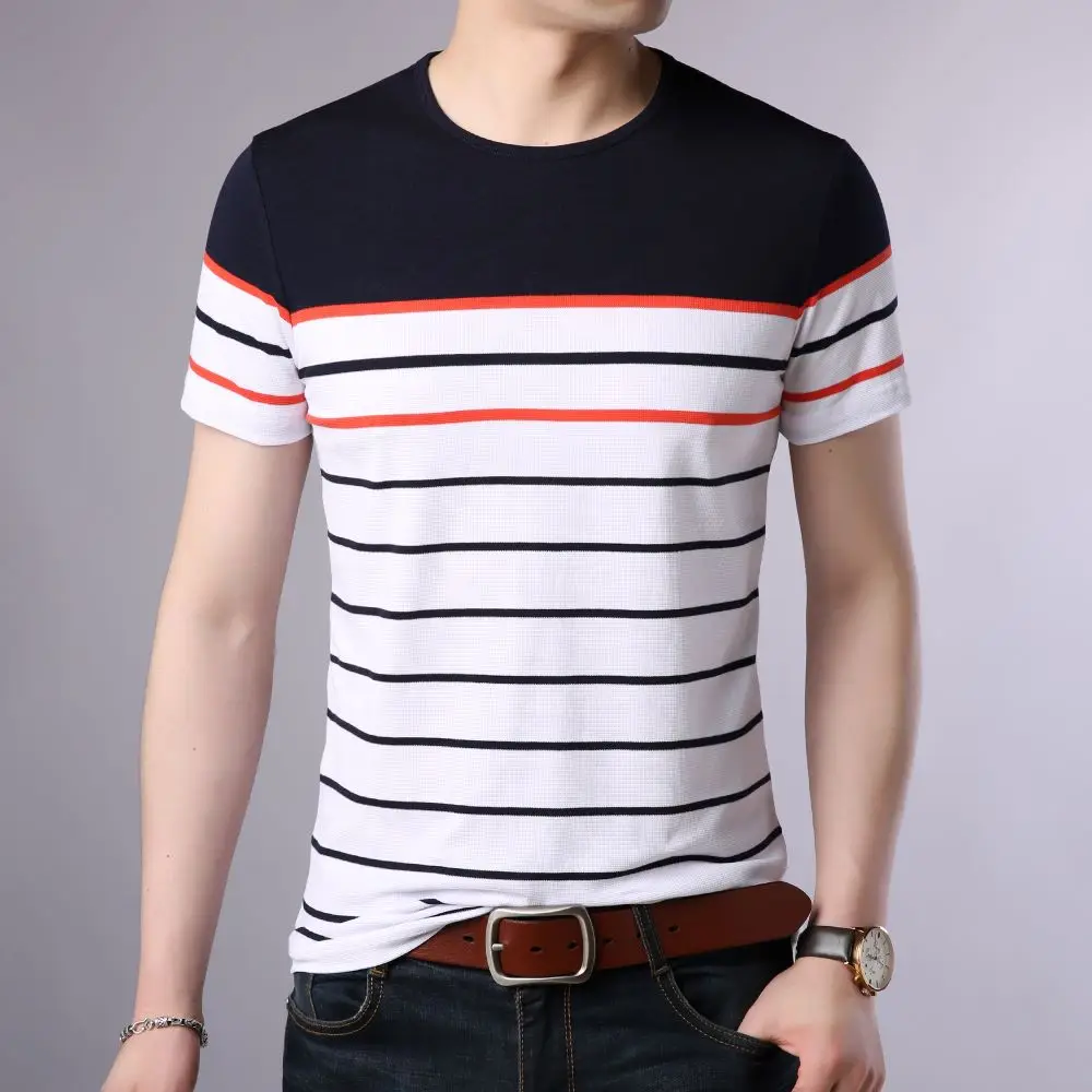 

COODRONY Cotton Moisture Absorption Breathable T-Shirt Summer Men Clothing Striped Short Sleeve Tees Fashion Casual Tops W5540