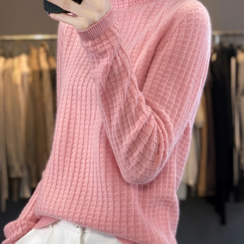 

Женский Однотонный свитер из 100%-ной шерсти, осенне-зимний теплый мягкий кашемировый пуловер с ложным воротником, модный универсальный вязаный джемпер в клетку