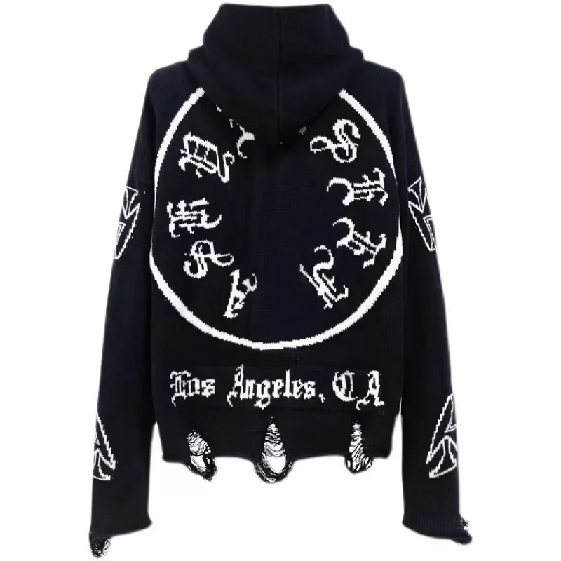 

Askyurself Knitted Sanskrit Alphabet Printing Hole High Street Men's And Women's Fashion Black Sweater Hoodie