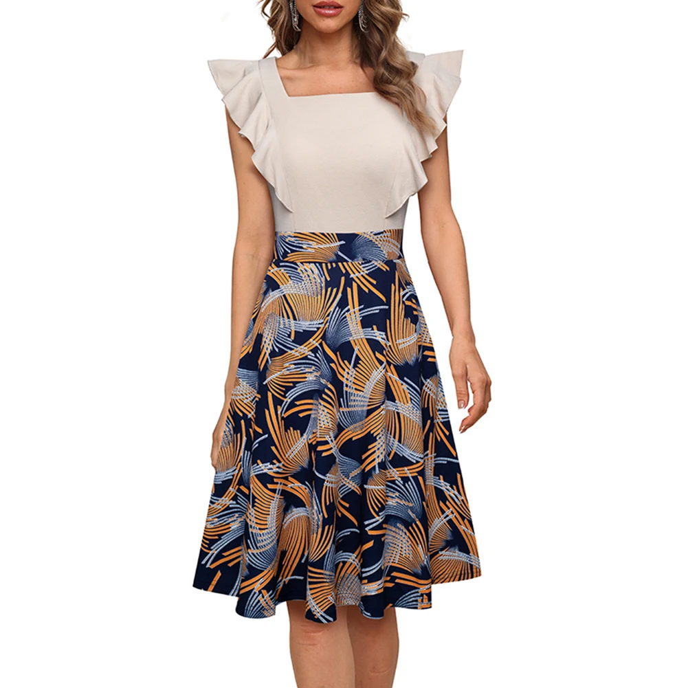 

Summer Elegant Fashion Print Dress High Waist Irregular Ruffle Sleeve Hem A-line Midi Dress Female Vestidoes