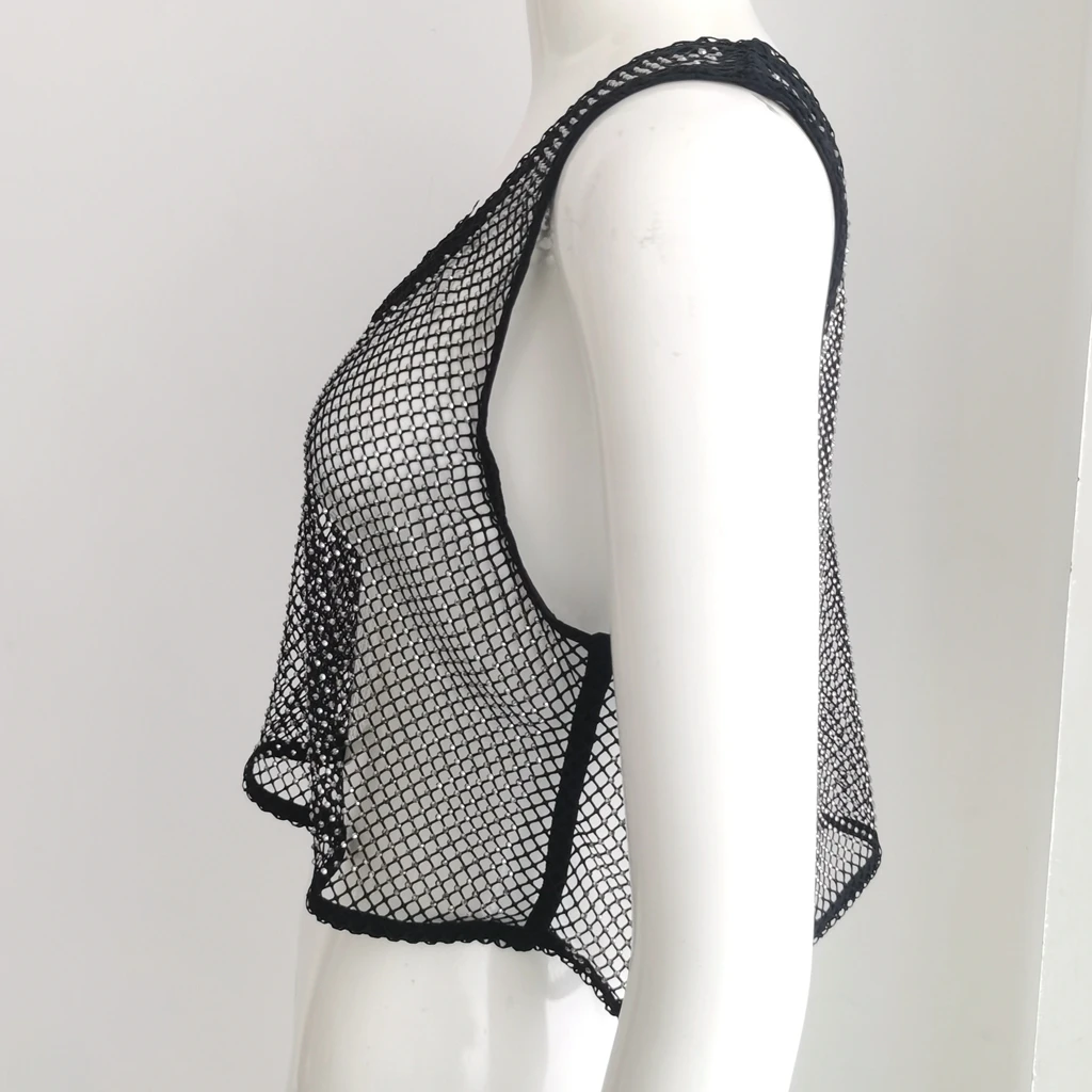 2022 New Women's Sexy Bringbring Rhinestone Vest Top Diamond Metal Tank Tops Sleeveless Casual Short Black Mesh Crop Not Prada