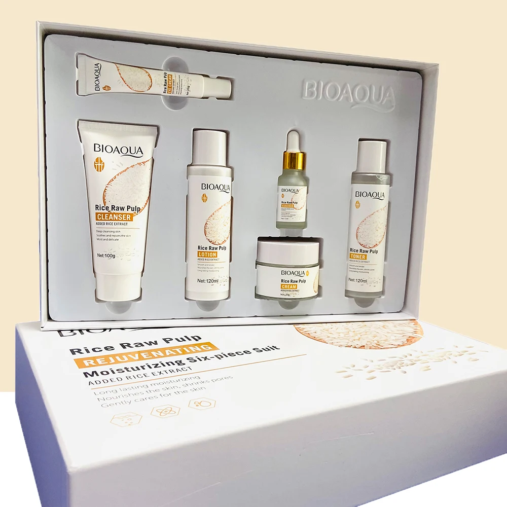 

Face Skin Care Sets Rice Raw Pulp Essence Skin Rejuvenation 6Pcs Whitening Face Cream Beauty Health Korean Cosmetics With Box