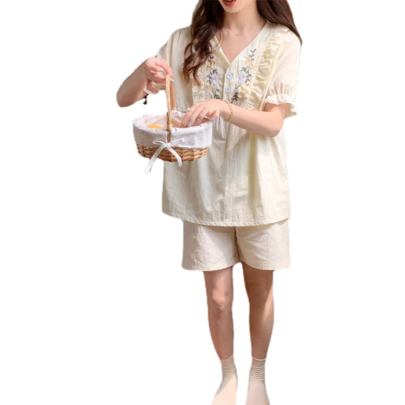 Pajamas for Women's Summer Pure Cotton Cute Short-sleeved Shorts French Pure Desire Princess Style Home Service Suit Loungewear