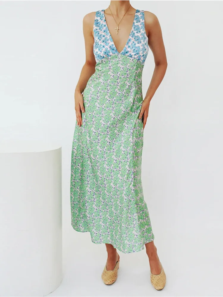 

Женское длинное платье с цветочным принтом, V-образным вырезом и открытой спиной