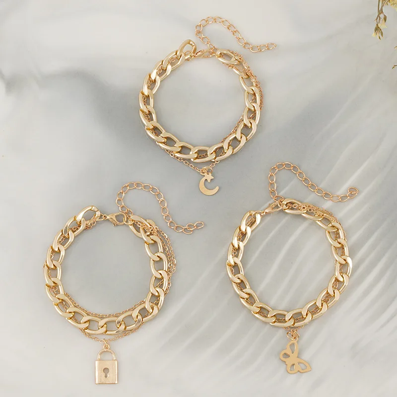 

Europe and America 2023 New Chain Bracelet Exaggerated Thick Chain Moon Lock Key Butterfly Pendant Female Jewelry