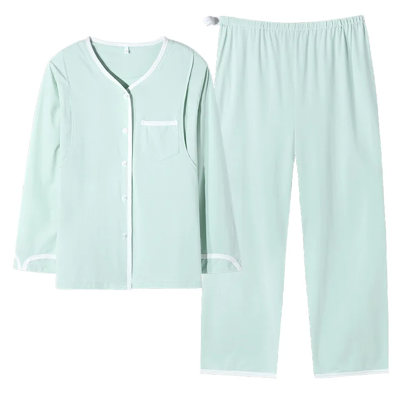 Pajamas for Women's Spring and Summer Pure Cotton Long-sleeved Trousers V-neck Sweet and Fresh Style Home Service Suit Sleepwear