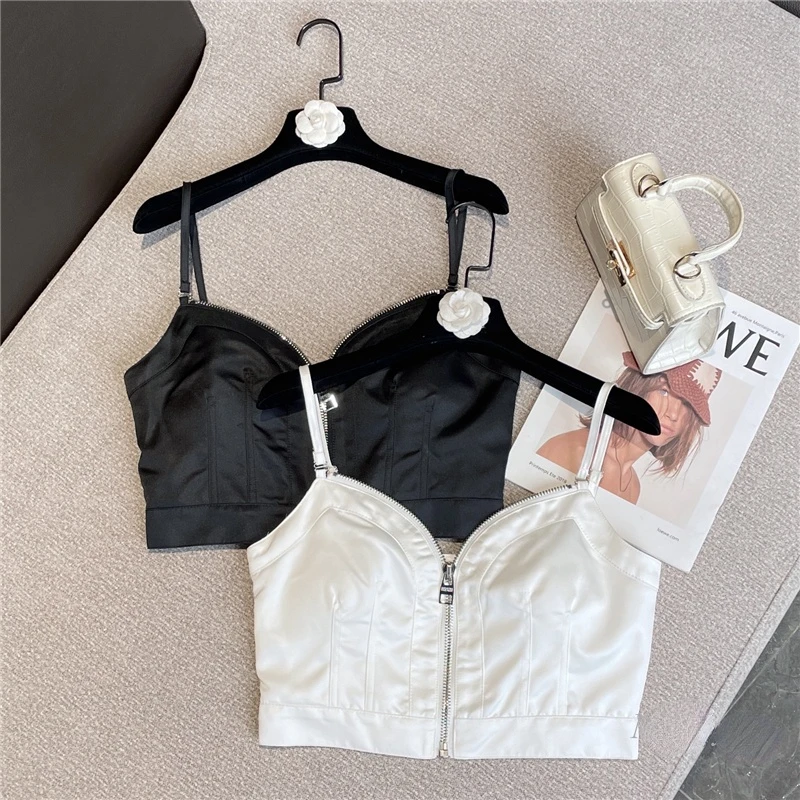 

2022 Spring and Summer Crop Top for Women New Sexy V-neck Zipper Solid Color Satin Spaghetti-Strap Camisole Tanks White Black