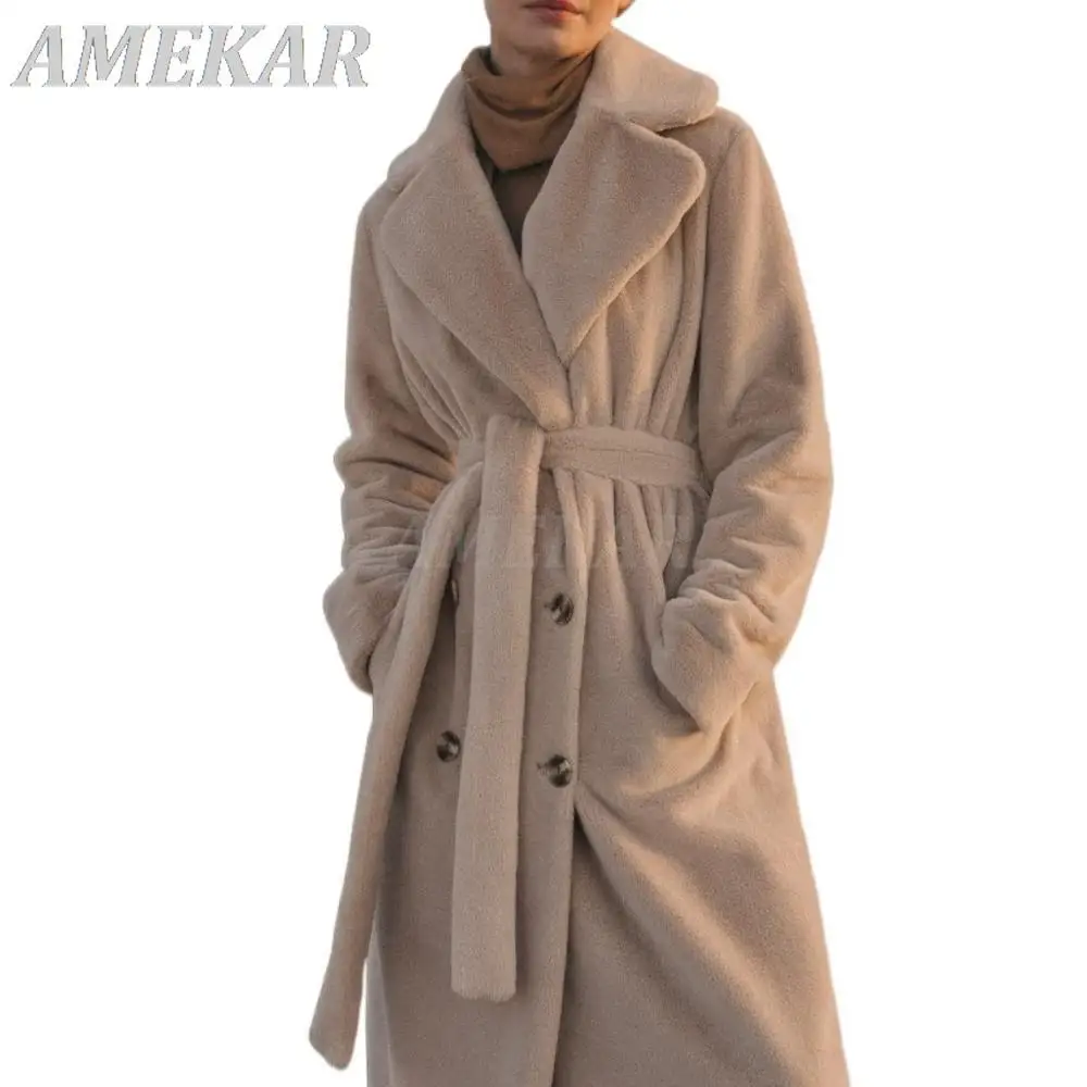 Winter Women High Quality Faux Rabbit Fur Coat Luxury Long Coat Loose Lapel OverCoat Thick Warm Female Plush Coats