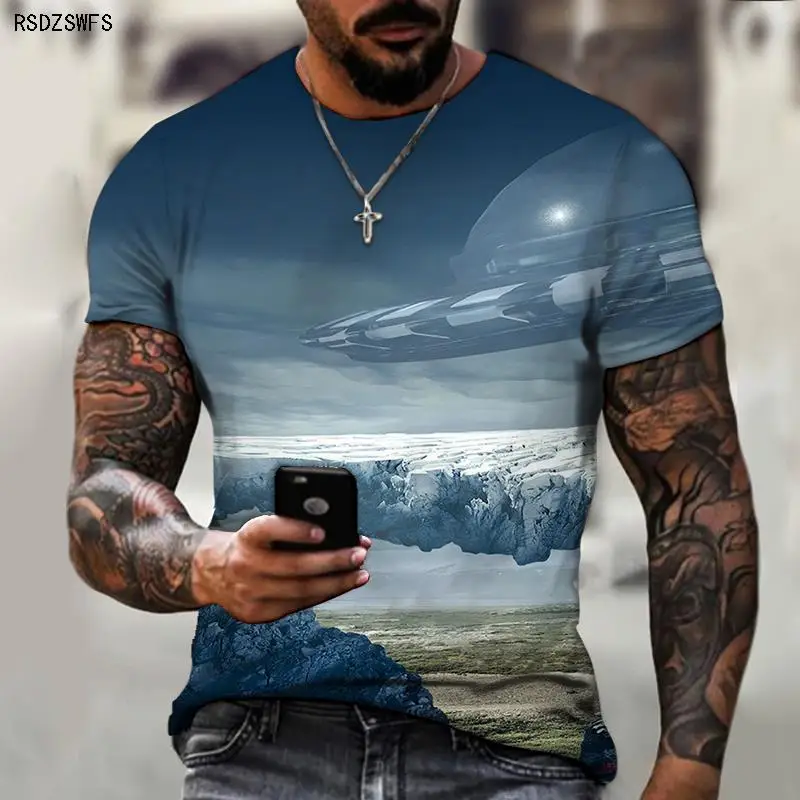 

New World UFO Spaceship with Horror 3D Printing 2021 Summer New Artistic Men's Oversized T-shirt O-neck Street Trend