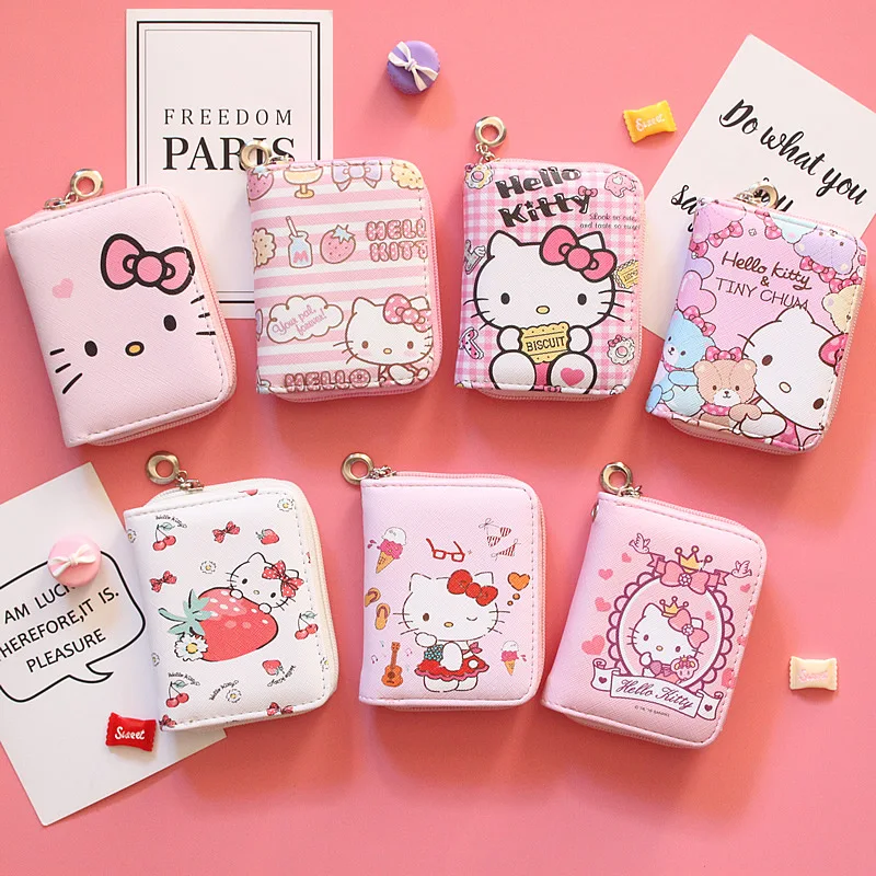 

Hello Kitty Short Wallet Sanrio Hello Kitty Kawaii Pu Leather ID Card Holders Mini Zip Coin Purse Cartoon Money Key Storage Bag