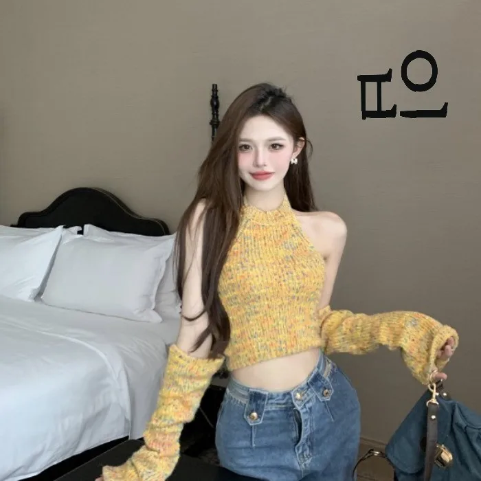 Осень-зима 2024 новый топ с лямкой на шее вязаный свитер рукавами Gyaru сексуальная