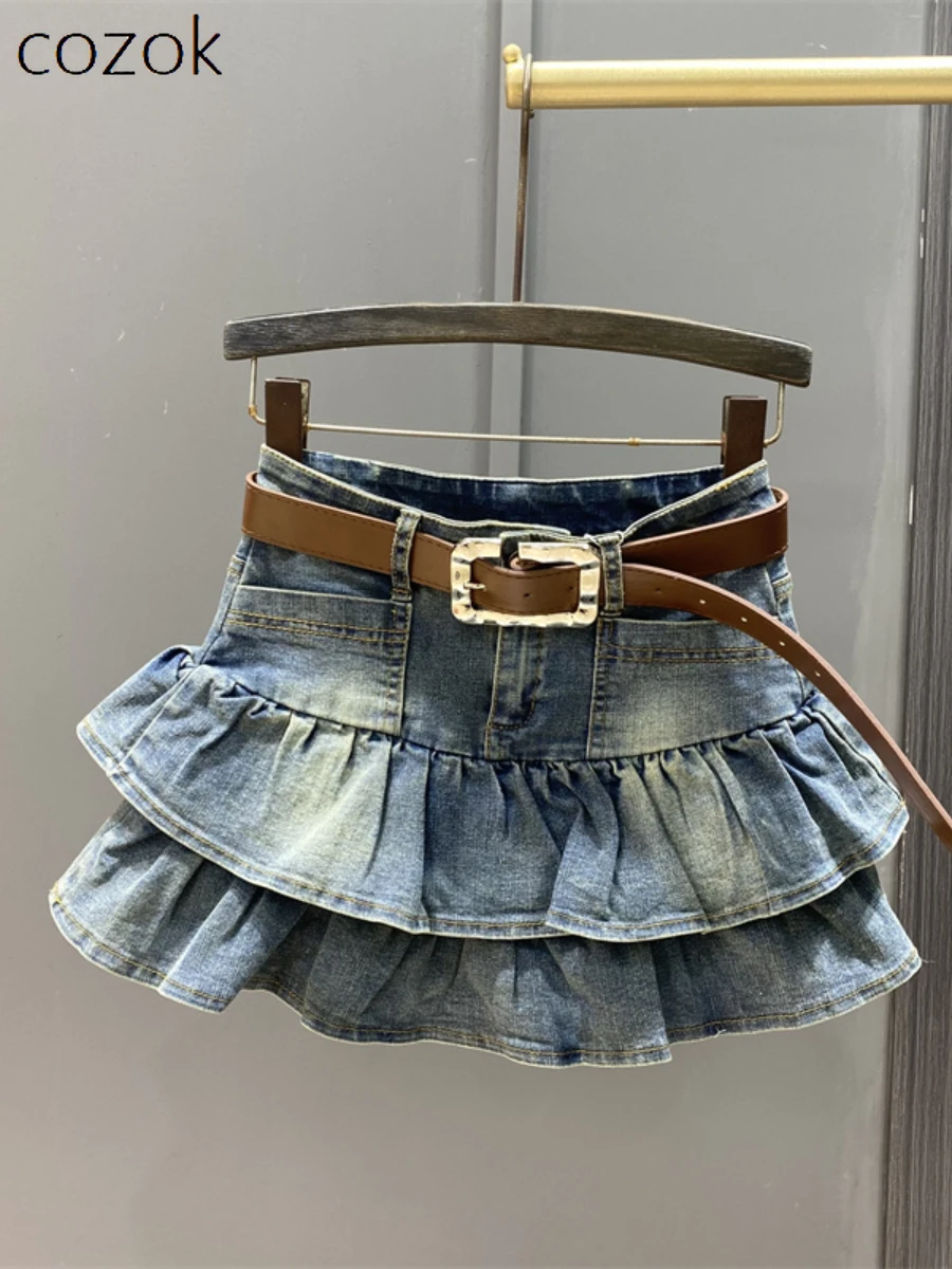 

Retro Hot Girl High Waist A- Line Slimming Denim Skirt Women's Summer Fashion Tiered Skirt Pettiskirt Lotus Leaf Skirts Women