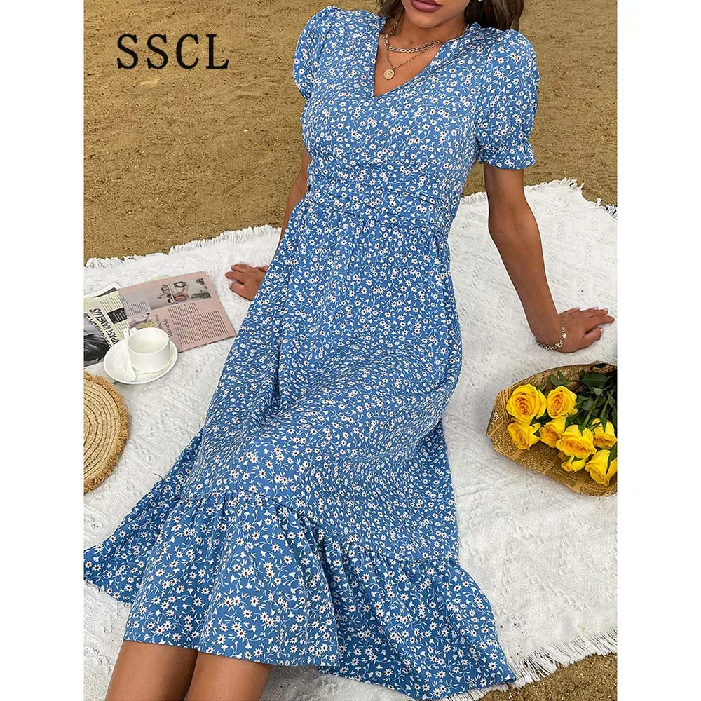 

Платье SSCL женское длинное с коротким рукавом и V-образным вырезом