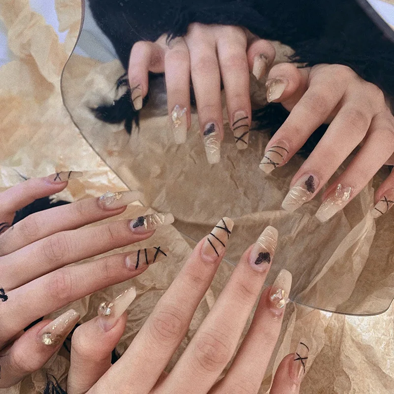 

French Ballerina Coffin False Nails Wearable Ballet Nails Black Butterfly Fake Nail Press On Nails Full Cover Nail Tip With Glue